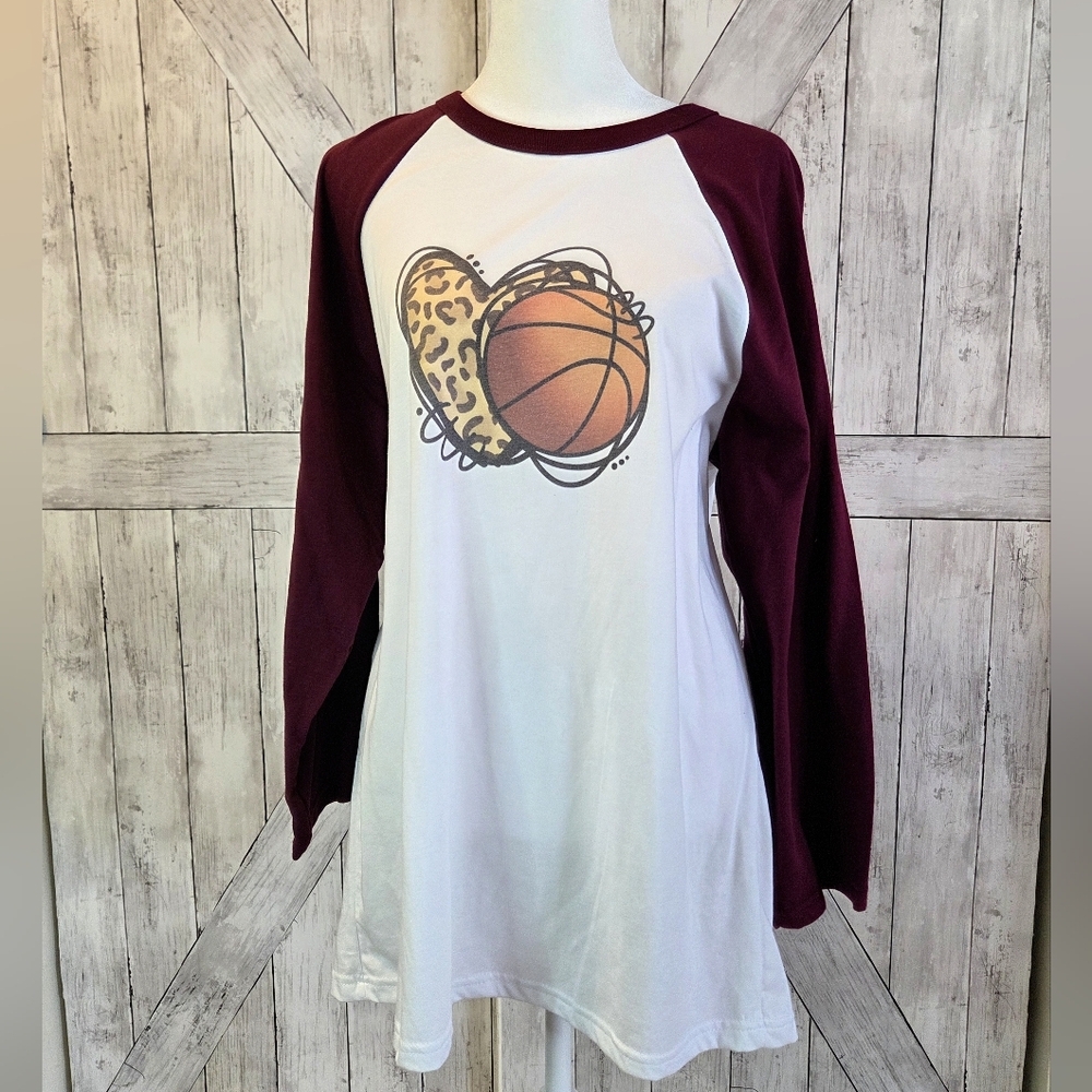 Bella Canvas White Raglan Tee with 3/4 Maroon Sleeves and Basketball Graphic